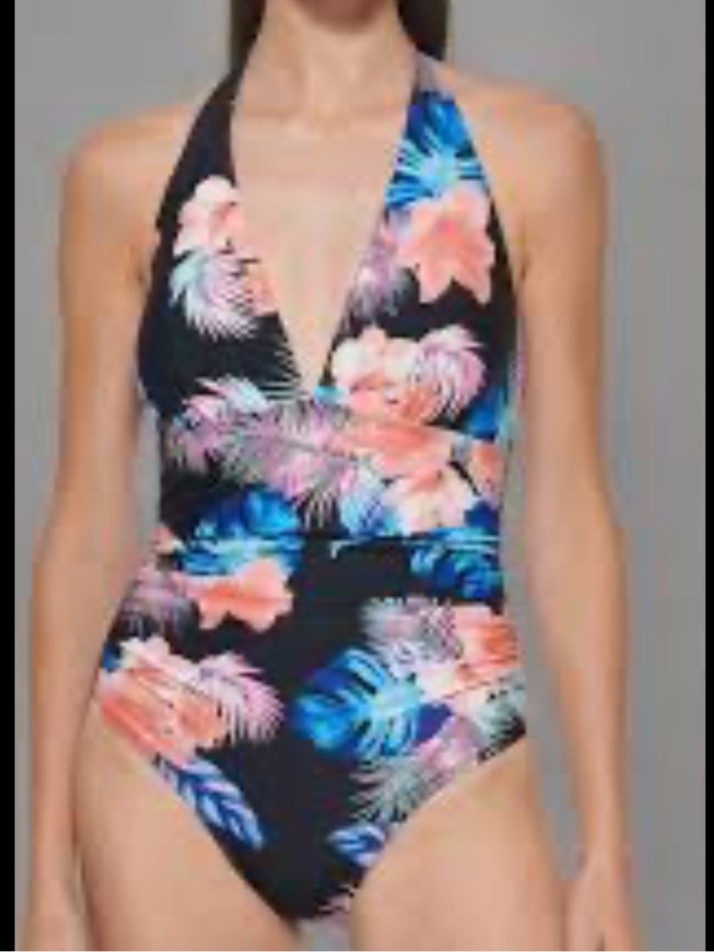 DKNY Black One-Piece Halter Swimsuit with Coral and Blue Floral Print
